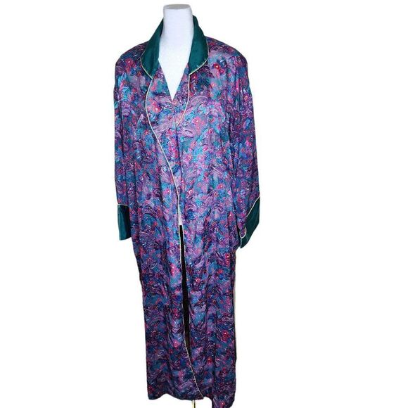 Vintage 90s Satin Robe Womens Size L Purple Shawl Collar Jewel Tones Paisley - Picture 2 of 7
